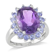AMOUR 5 7/8 CT TGW Oval Amethyst and Tanzanite Halo Cocktail Ring In Sterling