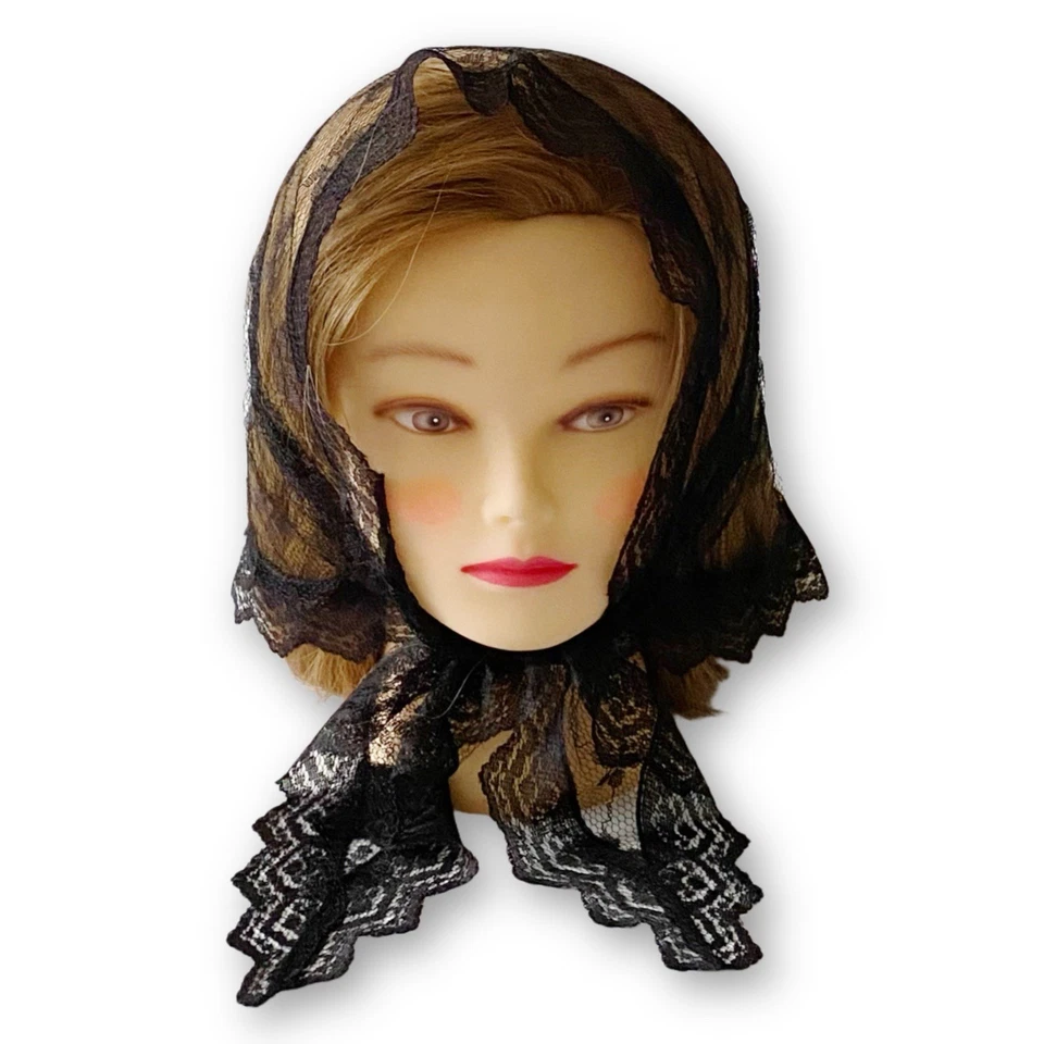 Cachecol vintage preto floral delicado chantilly renda triângulo borda recortada - Imagem 2 de 4