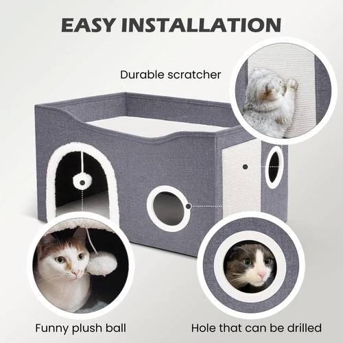 Cat House for Indoor Cats - Large Cat Bed Cave with Fluffy Ball and Scratch P... - Picture 5 of 8