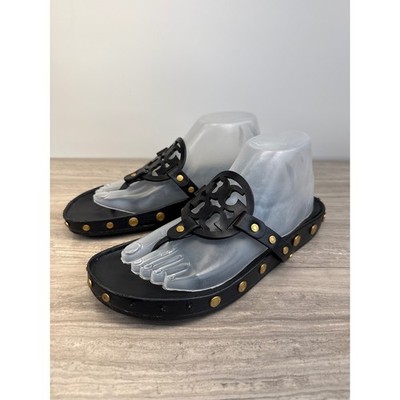 Tory Burch Miller Cloud Coin Black Leather Sandals Women's 9.5 Luxe Resort