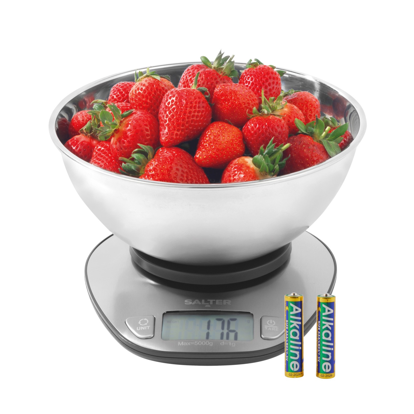 Salter Digital Bowl Scale – 5kg Capacity, Stainless Steel, Tare Function, LCD