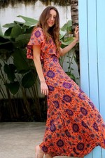 Annisa by Tamga Orange Floral Ruffle Maxi Dress V-Neck Short Flutter Sleeves - S