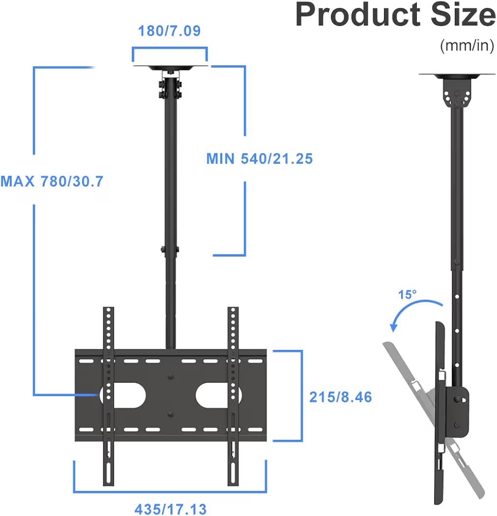 Support TV plafond télescopique avec gestion des câbles cachée et hauteur réglable