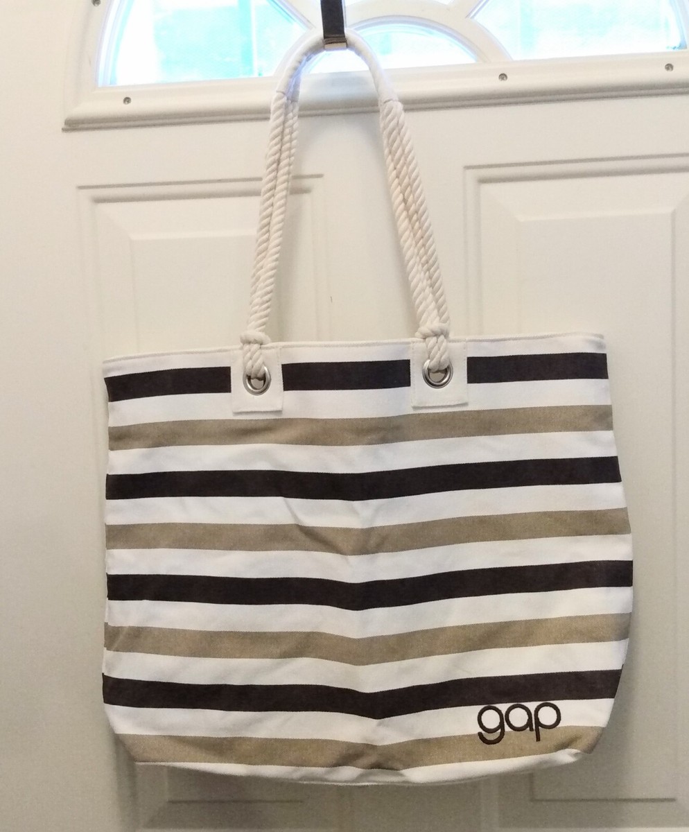 GAP Nautical Striped Canvas Tote Beach Shopper Bag Brown Tan Cream Rope  Handles