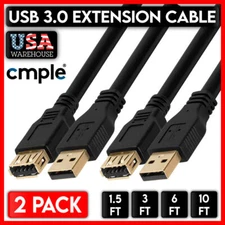 2 Pack USB 3.0 Extension USB A Male to Female Cable Extender Cord Data Sync LOT