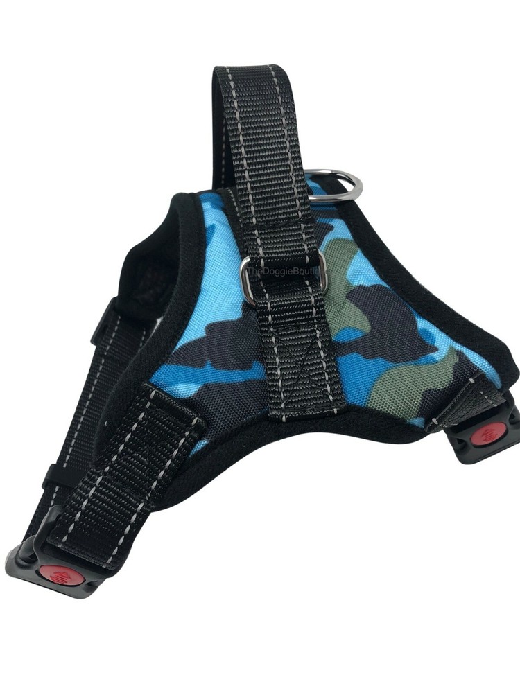 Dog Harness Vest, No Pull Adjustable w Handle, Quality Nylon, Blue Camo S M L XL