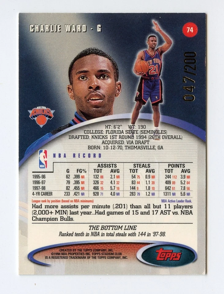 F557 CHARLIE WARD 1998-99 TOPPS STADIUM FIRST DAY ISSUE 47/200 #74 KNICKS RARE - Image 2 of 2