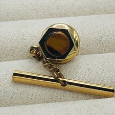 Vtg L'Aiglon Tigers Eye Brown Stone Gold Tone Tie Tack Pin
