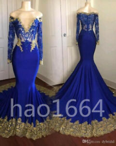 New royal blue  prom  dress  plus size dress  gold appliques 