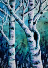 Original 5x7in Painting, Teal, Birch Trees, OOAK, Landscape Art by Jasmine Star