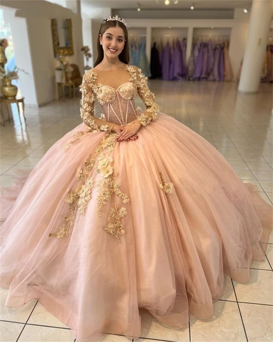 White And Gold Quinceanera Dresses Pink Quinceanera Dresses Ball Gown Long Sleeve 3D Flower Applique Sweet White And Gold Quinceanera Dresses Pink Quinceanera Dresses Ball Gown Long Sleeve 3D Flower Applique Sweet