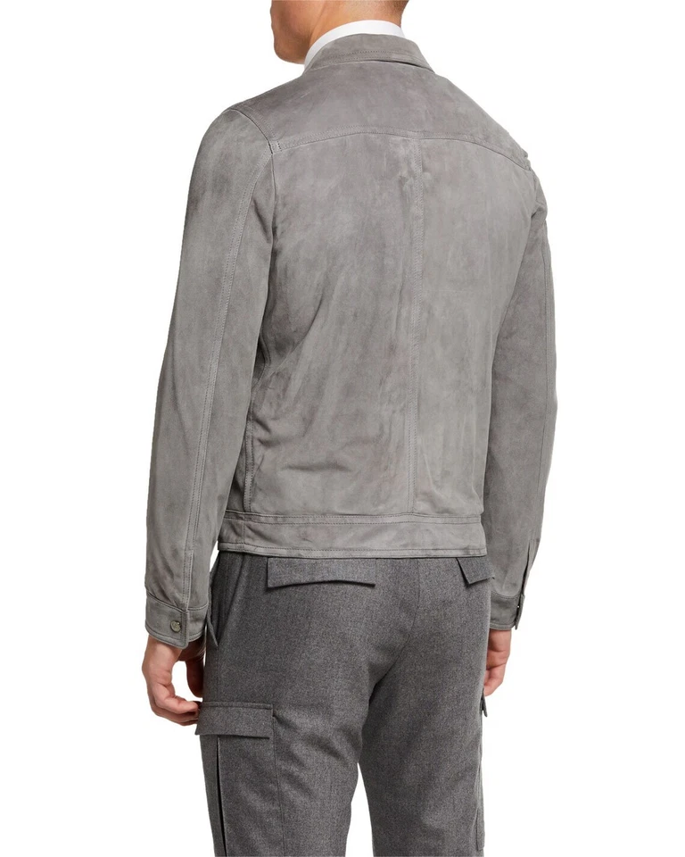 Gray Leather Trucker Jacket for Men Pure Suede Custom Made Size S M L XXL 3XL - Image 2 of 4