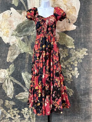 Free People Sundrenched Floral Tiered Maxi Sundress Dark Red Combo