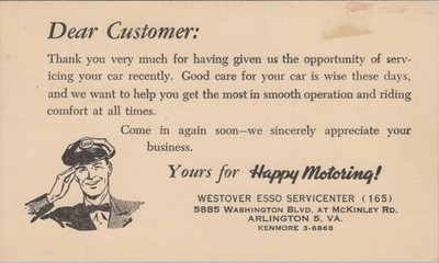 1952 Westover Esso Servicenter Arlington VA Saluting Attendant Happy Motoring Ad