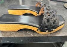 Tory Burch 298 Basketweave Leather Open Toe Clogs Sandals Black US Size 9