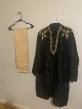 Indian Black  Beige Embroidered Silk Blend Kurta/Salwar Set Men's Size 44