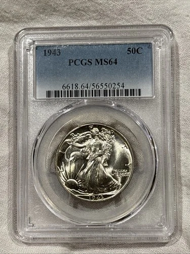 GRADED 1943 Walking Liberty Half Dollar PCGS MS64 Silver American Coin