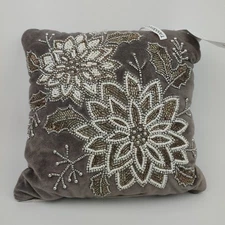 Bella Lux Gray Beaded White Silver Poinsettia Flower Christmas Holiday Pillow A