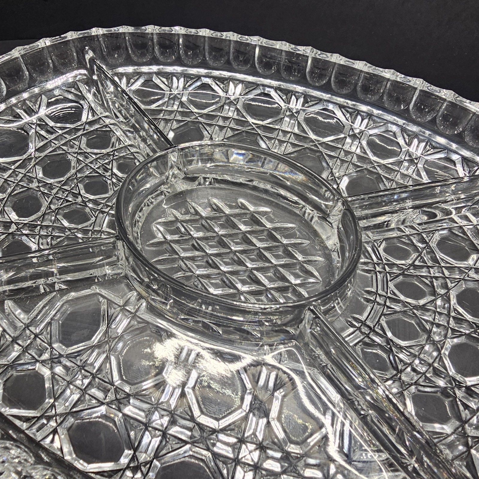 Heavy Lead Crystal Oval Relish Tray With Handles - Crossharch Geometric Design -