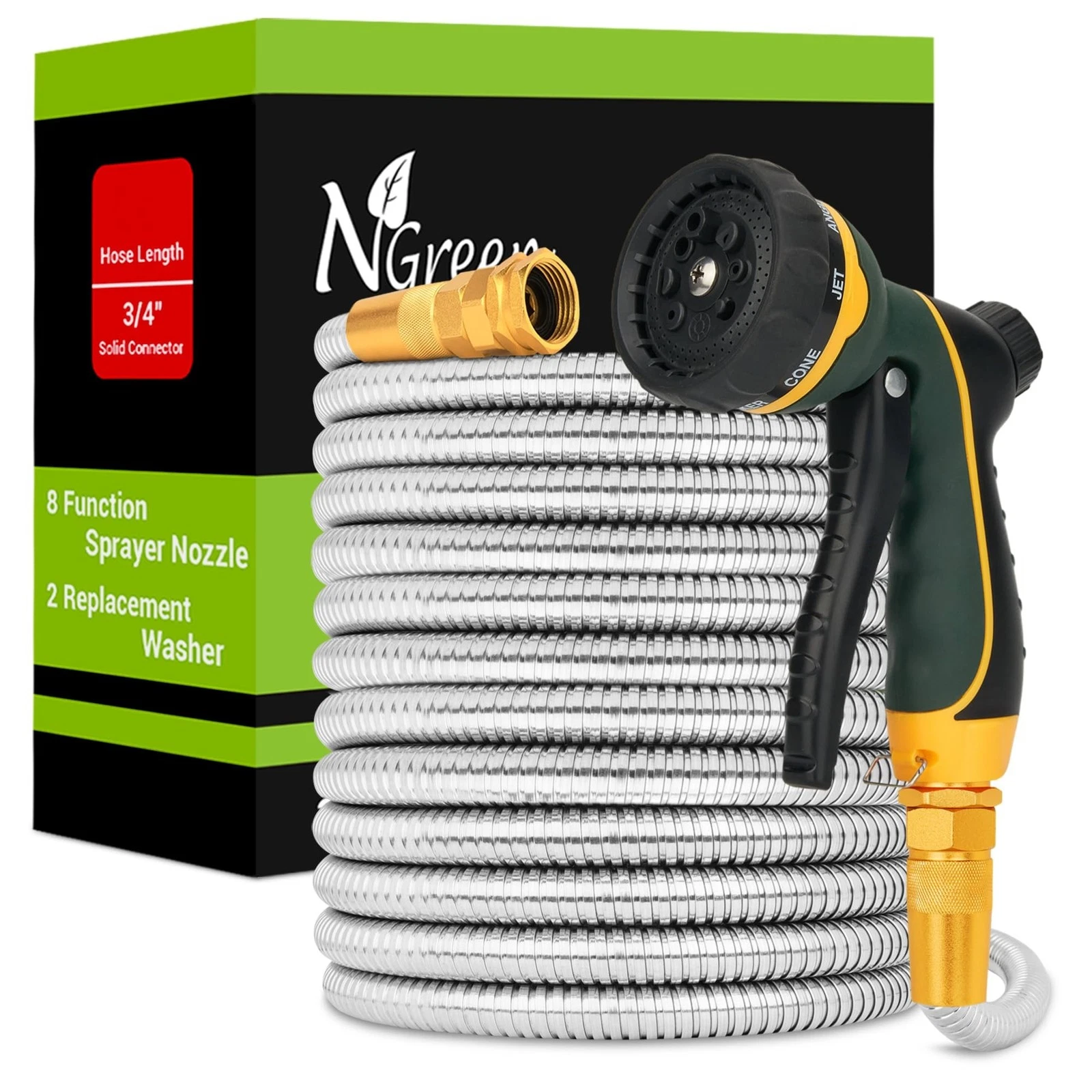 NGreen Stainless Steel Garden Hose - Flexible Metal Water Hose with Nozzle, Puncture, Rust Proof and Corrosion Resistant, Never Kink and High Pressure, Collapsible and Easy to Store (25FT) - Thumbnail 2