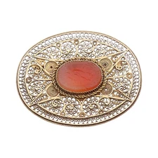 925 Sterling Silver Vintage Brooch Gold Plated Carnelian Filigree Work  BP11703