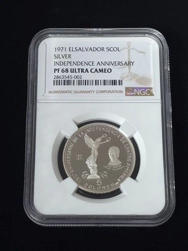 El Salvador 1971 Proof Silver 5 Colones NGC Graded PF 68 Ultra Cameo 2863545-002