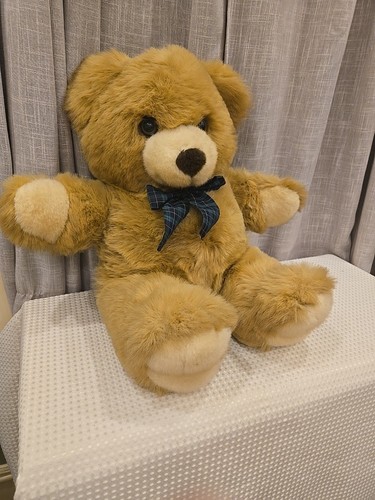 Teddy Precious Dandee Plush Large Vintage Stuffed Bear 24" Blue Plaid Bow Tie