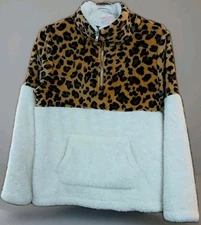 C+D+M Sherpa Fleece Pullover Womens M Leopard Cream 1/4 Zip Soft Cozy Top