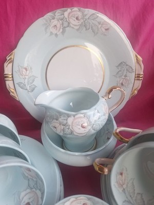 Aynsley Teeservice Rosa Rose Entenei Blau 21 Teile Tassen Teller Milch Zucker C 1817/1