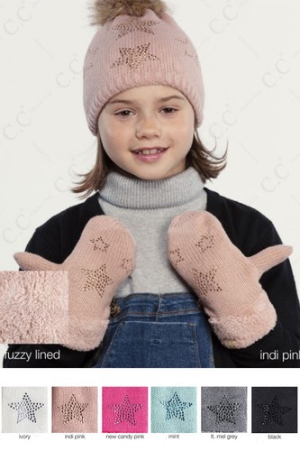 C.C Children Girl Boy Kids Star Fuzzy Cuff Rhinestone Knit Mitten Gloves - Picture 2 of 12