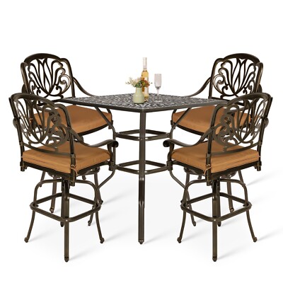 5-Piece Patio Swivel Bar Bistro Set Cast Aluminum Outdoor Bar Table & Bar Stools