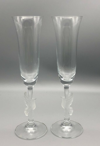 Vintage Gorham Crystal Amore Frosted Love Birds Doves Champagne Flutes Pair