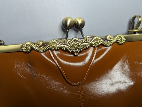 1920 Vintage Bronze Frame KissLock Clasp Bag Purse Faux Cognac Adjustable Strap - Picture 9 of 11