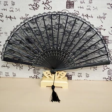 9" Vintage Lady Hand Held Black Bamboo Lace Decorative Folding Fan Kimono Prop