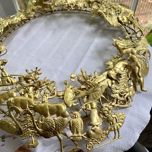 Petite Choses German Brass Dresden Type Holiday Animal Wreath Vintage 16" - Picture 2 of 10