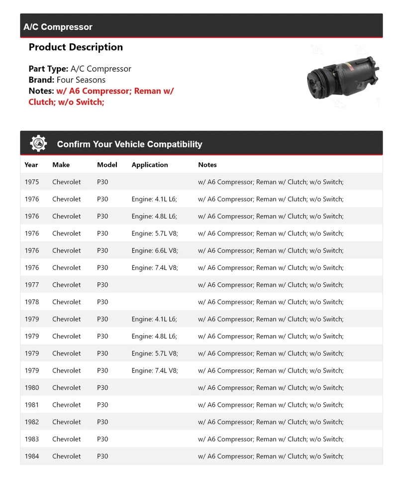 Compresor de aire acondicionado para Chevrolet P30 1975-1984 4 estaciones 1976 1977 1978 1979 1980 Foto 2 de 4