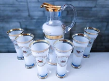 Czech bohemia crystal glass - Water, wine white set decorated gold and pictures