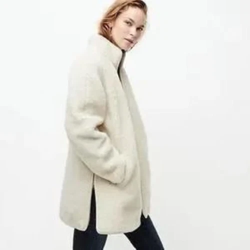 J. Crew Scottish Lamb 拉链毛绒人造毛皮抓绒外套奶油色 S 码