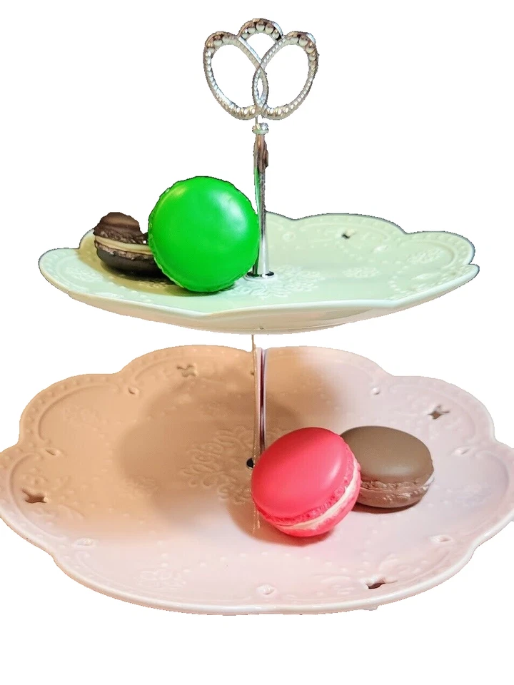 Bandeja para servir postres de té merienda verde menta rosa con soporte para pasteles de dos niveles intercambiable Foto 3 de 4