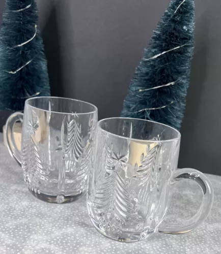 MIKASA Mug Christmas Tree Set of Two Cut Crystal Coffee Cocoa Holiday