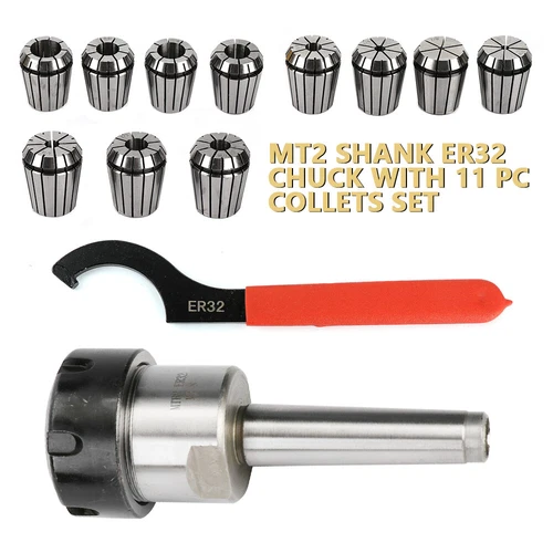 11PC Collets Set MT2 Shank ER32 Chuck ER32 Spannerr Draw Bar Threads 3/8 x 16