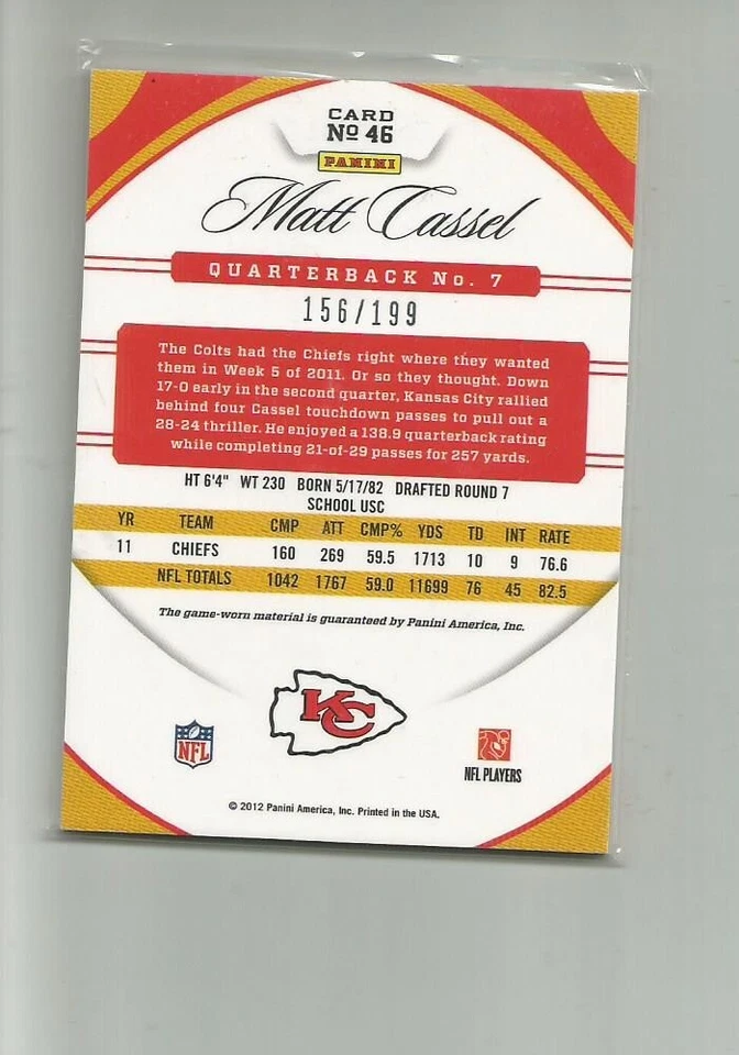 2012 Certified Mirror Red Materials #46 Matt Cassel  156/199 - Image 2 of 2