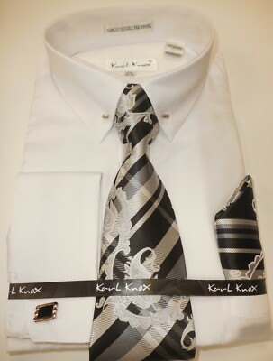 Mens White Eyelet Pin Collar Bar French Cuff Dress Shirt + Tie Karl Knox 4401 S | eBay