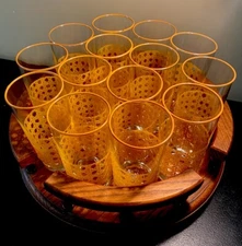 VTG 70’s Rare Libby Set of 14 Cane Style Tom Collins Glasses Lazy Susan Barware