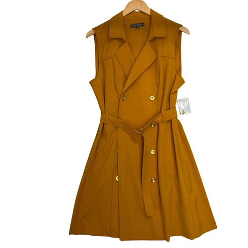 Womens Mustard Yellow Sleeveless Trench Dress Size 12 Belted Double Breasted