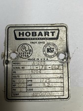 Hobart A200 Mixer Manufacturers ID Tag 20 Quart Label OEM 1/3 HP