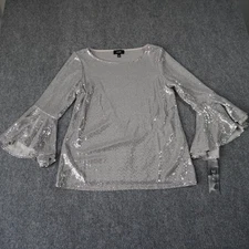 MSK Women's Bright Silver Sequin Embellished Bell Sleeve Party Top