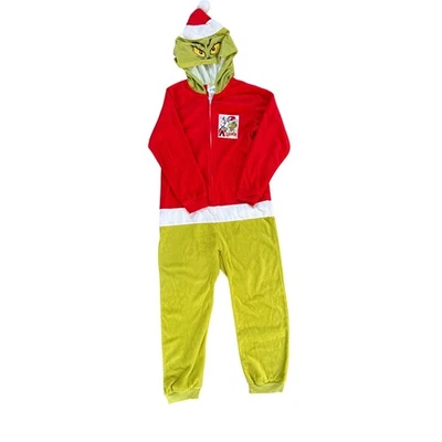 The Grinch Dr Seuss Kids Hooded One Piece Pajamas Red Green Fleece L 10/12 - Image 1 of 4