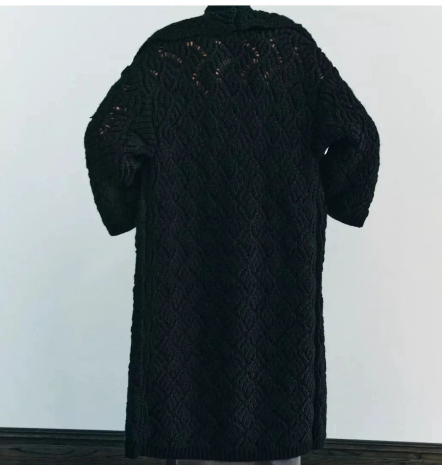Zara Open Long Cable Knit Textured Coat /Cardigan Black Size S 3653/110 New - Image 3 of 4