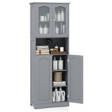 Tall Bathroom Grey Storage Cabinet Tempered Glass Door Pantry Cabinet